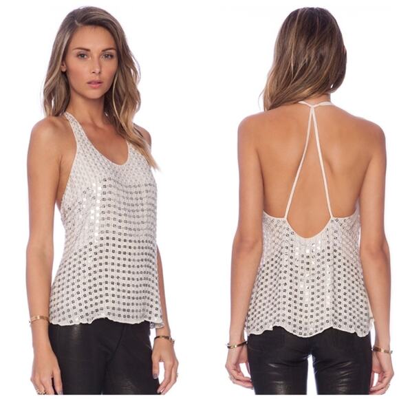 Parker Sandra Sequin Beaded Deep-V neckline Tank Top in White Size XS - Picture 1 of 6